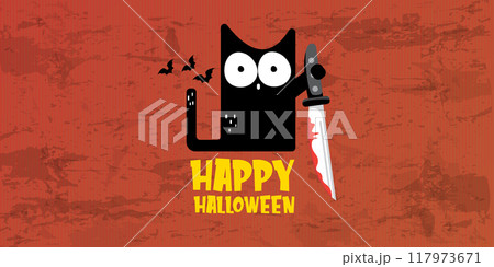 Happy halloween greeting card or banner with Black cat holding bloody knife isolated on orange background. Funny Halloween black cat holding a bloody knife . Halloween vector design template 117973671
