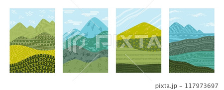 Abstract fields. Rice texture, wheat or corn, farm agriculture. Ecology village landscape, rural grass hill. Summer scene minimal background collection. Countryside vector simple illustration 117973697