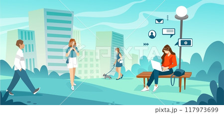 City people. Park landscape. Girl with laptop. Woman social lifestyle. Walking man. Town buildings. Digital communication technology. Person calling smartphone. Vector flat background 117973699