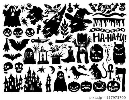 Halloween icons. Black silhouette horror monsters. Spooky bat. Autumn tree. Scary ghost. Pumpkin decoration. RIP grave. Witch face. Ghost and zombie. Trick or treat. Vector symbols set 117973700