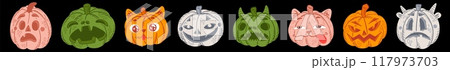 Halloween pumpkin. Smile face. October scary emoji. Happy orange jack character. Vegetable food. Lantern squash emoticon. Sad or grinning expression. Autumn smiley. Vector spooky icons set 117973703