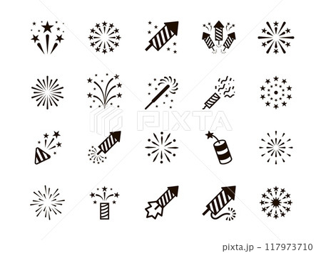 Firework icons. New year line boom. Chinese anniversary or congratulation party. Christmas or birthday flashes. Black silhouette firecrackers. Festive explosions. Vector flat symbols set Firework icons. New year line boom. Chinese anniversary or congratulation party. Christmas or birthday flashes. Black silhouette firecrackers. Festive explosions. Vector flat symbols set 117973710