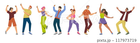 Dancing people. Fun music woman and men in headphones, happy person, young characters listen and move disco action. Leisure time, teenagers with phones. Vector cartoon isolated illustration set 117973719