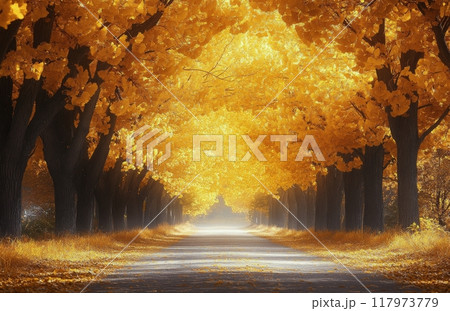 Stunning autumn pathway lined with vibrant golden trees in a tranquil rural setting 117973779