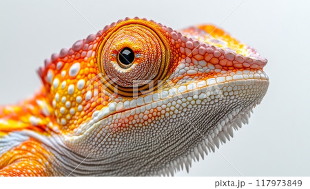 Vibrant close-up of a colorful chameleon showcasing its unique skin patterns and textures 117973849