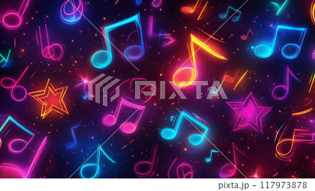 Colorful music notes and stars light up a vibrant backdrop in a festive celebration atmosphere Colorful music notes and stars light up a vibrant backdrop in a festive celebration atmosphere 117973878