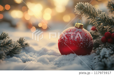 A red ornament rests on snowy ground with shimmering lights in the background during winter A red ornament rests on snowy ground with shimmering lights in the background during winter 117973917
