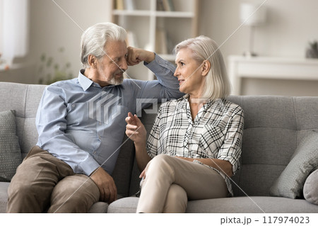 Older couple engaged in conversation while sitting on the sofa Older couple engaged in conversation while sitting on the sofa 117974023