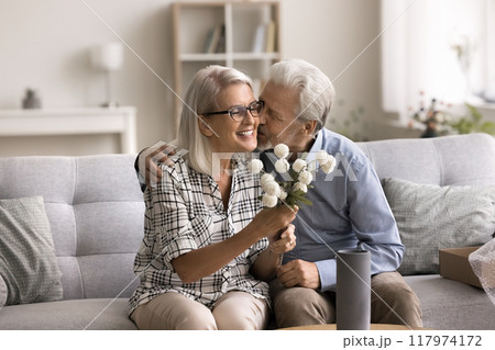 Husband kisses happy wife on the check, celebrate family holiday 117974172