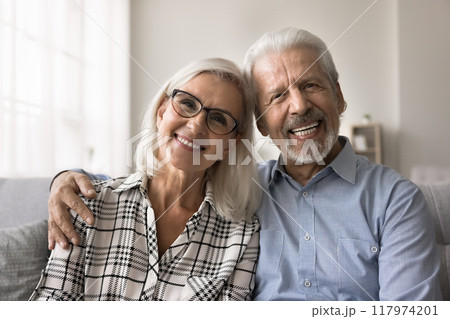 Happy well-being mature 60s spouses home portrait Happy well-being mature 60s spouses home portrait 117974201