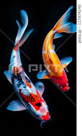 Two koi fish swimming together, their colors shining brightly against the dark blue ripples creating a peaceful atmosphere 117974240