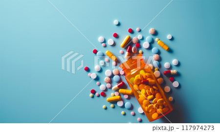 Opened lid orange medicine bottle with different colors and shapes pills scattered over blue background 117974273