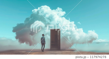 A person stepping into a floating cloud, symbolizing the opening of consciousness and spiritual awakening. 117974278