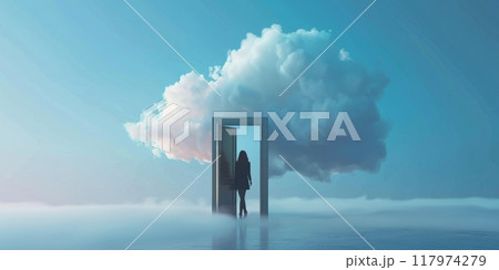 A person stepping into a floating cloud, symbolizing the opening of consciousness and spiritual awakening. A person stepping into a floating cloud, symbolizing the opening of consciousness and spiritual awakening. 117974279