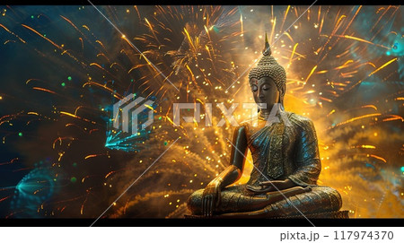 Buddha with aura background is Extravagant fireworks display illuminating night Generative AI Buddha with aura background is Extravagant fireworks display illuminating night Generative AI 117974370