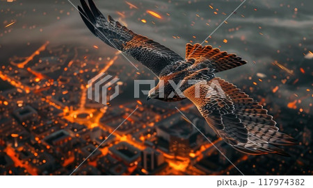 A hawk fly and secure a city from the sky night realistic, technological Generative AI 117974382