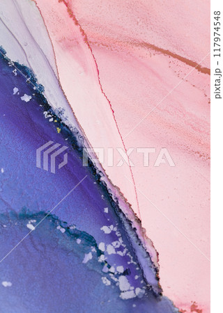 Abstract watercolor artwork featuring blend of blue, pink, and purple hues with textured patterns and soft gradients for aesthetic appeal 117974548