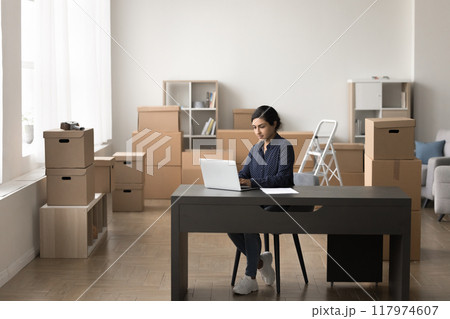 Warehouse worker, small business owner working on laptop 117974607