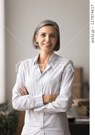 Smiling pretty business woman posing looking at camera 117974617