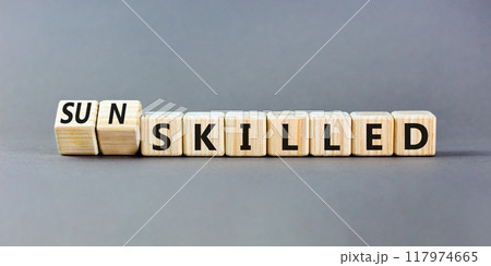 Sun skilled symbol. Concept words Skilled or Sun skilled on beautiful wooden blocks. Beautiful grey table grey background. Business sun skilled concept. Copy space. 117974665