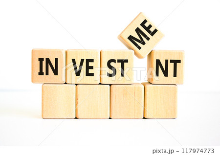 Investment symbol. Concept word Investment on beautiful wooden blocks. Beautiful white background. Business investment concept. Copy space. Investment symbol. Concept word Investment on beautiful wooden blocks. Beautiful white background. Business investment concept. Copy space. 117974773