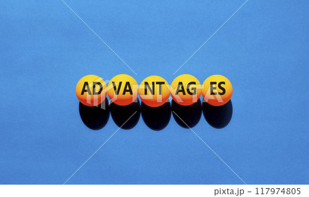 Advantages symbol. Concept word Advantages on beautiful yellow ping pong balls. Beautiful blue background. Business advantages concept. Copy space. 117974805