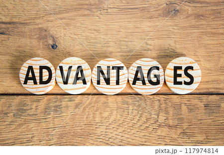 Advantages symbol. Concept word Advantages on beautiful wooden circles. Beautiful wooden background. Business advantages concept. Copy space. 117974814