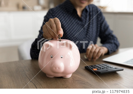 Woman managing personal finances, insert coin into piggybank, close up 117974835