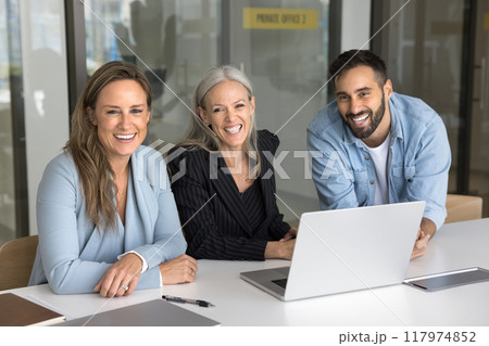 Successful team of three business colleagues sitting at workplace table 117974852