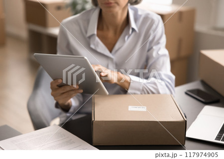 Woman using tablet, sit at desk surrounded by packaged boxes 117974905