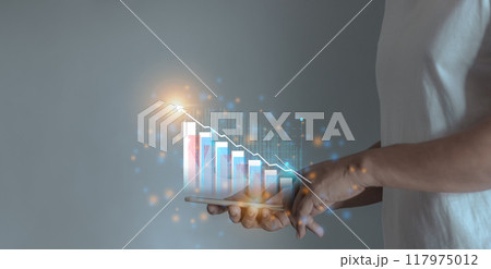 Young man hand using smartphone to visualize money growth The phone screen displays graphs Young man hand using smartphone to visualize money growth The phone screen displays graphs 117975012