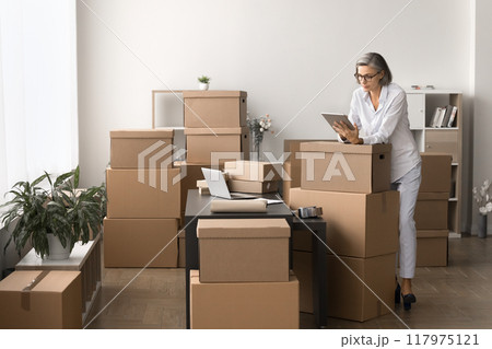 Woman using tablet engaged in managing orders and inventory workflow Woman using tablet engaged in managing orders and inventory workflow 117975121