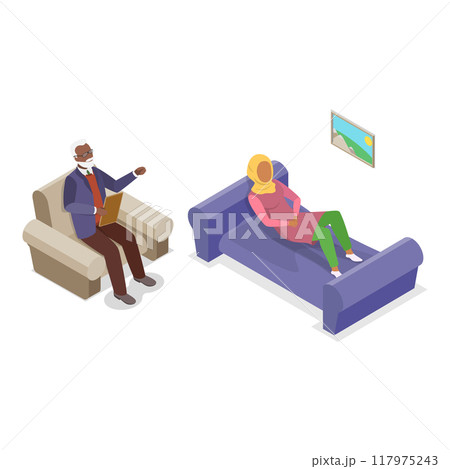 3D Isometric Flat Vector Set of Psychotherapy Session Scenes, Mental Health. Item 9 117975243