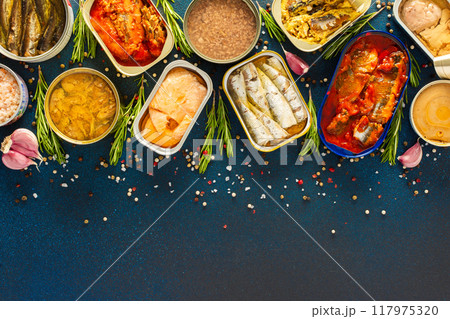 Different open tin cans with canned fish like salmon, mackerel, sprat, sardine, tuna, and herring, among spices and herbs on a blue background, viewed from the top 117975320