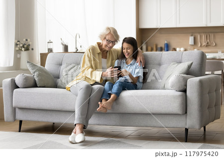 Positive senior grandma and cheerful kid girl using online application Positive senior grandma and cheerful kid girl using online application 117975420
