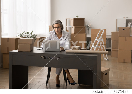 Woman check on-line orders, prepare parcels for shipment using laptop Woman check on-line orders, prepare parcels for shipment using laptop 117975435