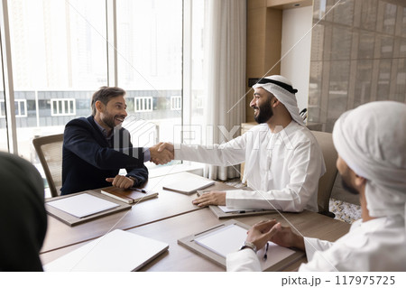 Happy multiethnic business partners finishing successful negotiation with handshake 117975725