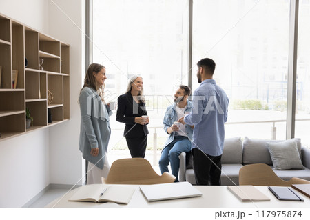 Happy diverse business colleagues meeting in office workspace 117975874