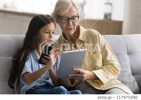 Focused smart granddaughter child helping grandma with online application Focused smart granddaughter child helping grandma with online application 117975890
