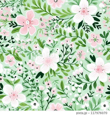 Spring delicate green floral seamless pattern. Generated by AI 117976070