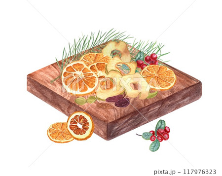 Dried fruit slices, raisin, red berries, cardamoms and fresh spruce branch pile on chopping board watercolor illustration. Natural sweeet apple chips, orange wedges, cranberries healthy food. Dried fruit slices, raisin, red berries, cardamoms and fresh spruce branch pile on chopping board watercolor illustration. Natural sweeet apple chips, orange wedges, cranberries healthy food. 117976323