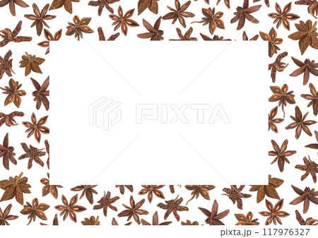 Aromatic Star anise seasoning watercolor horizontal frame. Badian, Aniseed spice Christmas and New Year hand drawn illustration with empty space for text. For greetings, cards, package Aromatic Star anise seasoning watercolor horizontal frame. Badian, Aniseed spice Christmas and New Year hand drawn illustration with empty space for text. For greetings, cards, package 117976327