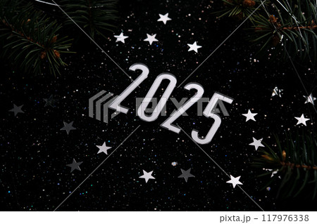 New Year 2025 dark background. Number of the coming year in Christmas decoration. New Year 2025 dark background. Number of the coming year in Christmas decoration. 117976338