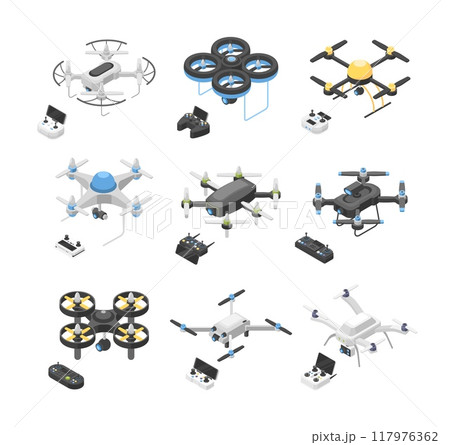 Isometric drones. Remote control and joysticks for drone. Flying techniques with camera for video and photo top view, flawless vector digital elements Isometric drones. Remote control and joysticks for drone. Flying techniques with camera for video and photo top view, flawless vector digital elements 117976362