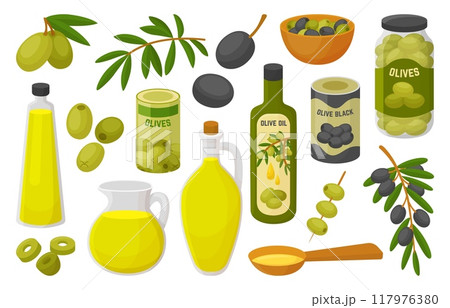 Olive plant products. Olives black and green in cans and jars. Oil bottles and jug, tree branches with leaves. Raw food ingredients, neoteric cartoon vector set Olive plant products. Olives black and green in cans and jars. Oil bottles and jug, tree branches with leaves. Raw food ingredients, neoteric cartoon vector set 117976380
