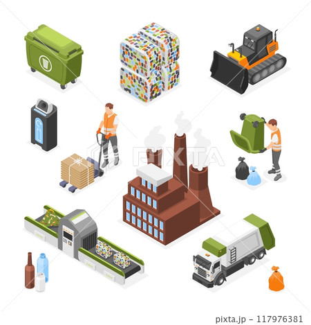 Isometric waste recycle. Trash bricks, composting transport and belt. Garbage recycle factory building, plastic bins and workers, flawless vector elements Isometric waste recycle. Trash bricks, composting transport and belt. Garbage recycle factory building, plastic bins and workers, flawless vector elements 117976381