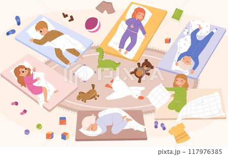 Nap time kid. Children sleeping in kindergarten or in camp. Nursery room with dreaming kids on mattresses, toys and clothes, snugly vector scene 117976385