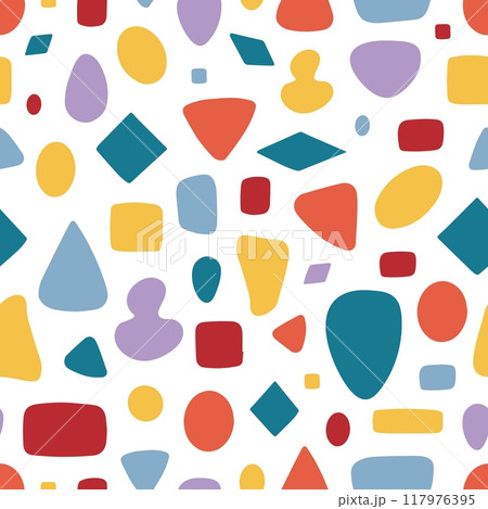Geometric shapes seamless pattern. Vibrant triangle circle square rhombus. Fashion childish fabric wallpaper wrapping print design, vector background 117976395