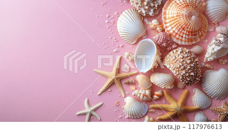A collection of seashells and starfish arranged on a soft pink background for a coastal decor theme 117976613