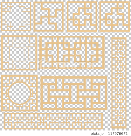 アジアン風の窓枠や家具に使われる文様・装飾のイラスト素材のセット ベクター アジアン風の窓枠や家具に使われる文様・装飾のイラスト素材のセット ベクター 117976671